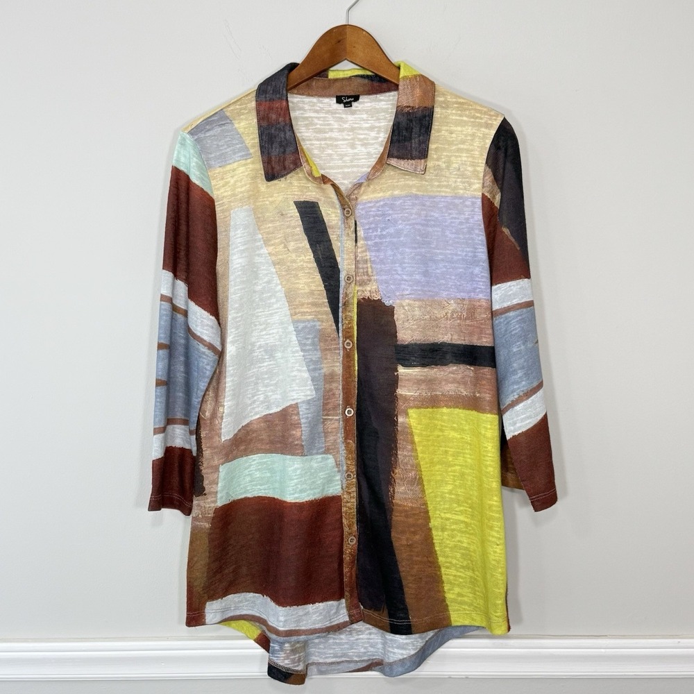 Shana Artsy Button Down Knit Shirt Womans Sz MD  3/4 Sleeve Boho Lagenlook